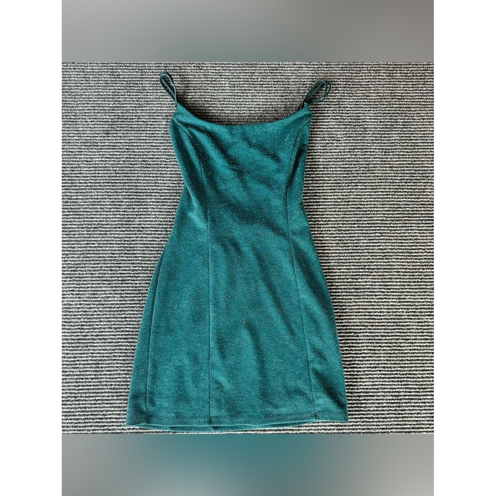 Lucy in the Sky Teal Green Metallic Lace Up Back Mini Dress Small